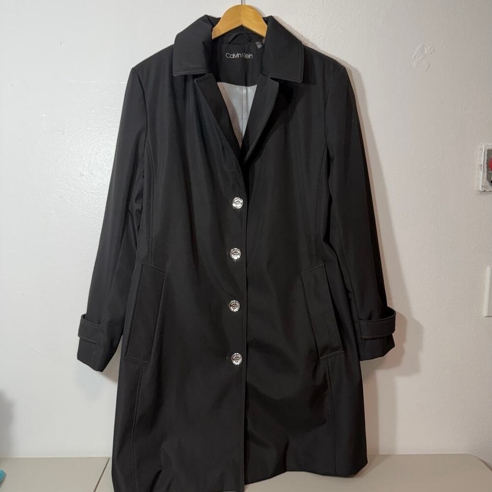 Calvin Klein Trench Coat XXL Black Button Front Rain Jacket Classic Belted
